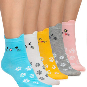 5 Pairs of Fun Cat Socks for Women – Colorful Ankle Socks with Cute Faces & Paw Prints