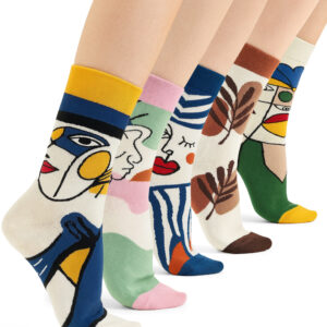 Abstract Art Cotton Socks for Women & Men – 5 Pairs Colorful Crew Socks with Modern Face Design