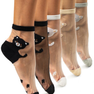 5 Pairs Set of Women’s Sheer Cat Socks with Paw Print Sole