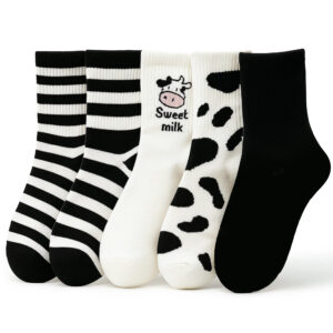 Milky Cow Cotton Crew Socks – 5 Pairs Cute Black & White Animal Print Socks for Women & Men