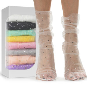 Sheer Slouch Tulle Socks Set for Women | 8 Pairs of Shiny Glitter Decorated Loose Socks with Stars & Moon – Ankle High