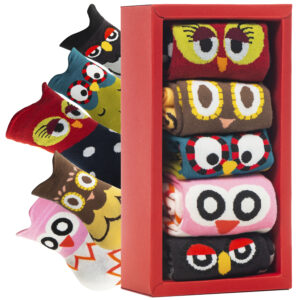Unisex Family Owl Socks – 5 Pairs Cotton Crew Socks in Gift Box for Men, Women & Kids